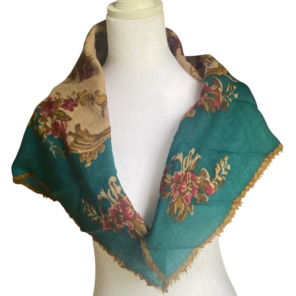 Glentex Accessories - Vintage Glentex Teal Floral Tapestry Square Scarf Fringed Edge Victorian Style